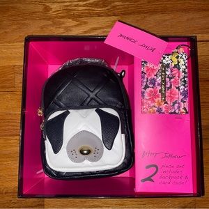 < Betsey Johnson mini backpack & card case gift set Puppy Dog Christmas theme >